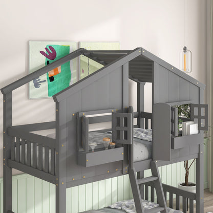Little Play World twin-over-twin house bunk bed for kids with playhouse design, natural white finish, perfect for toddlers and kids.