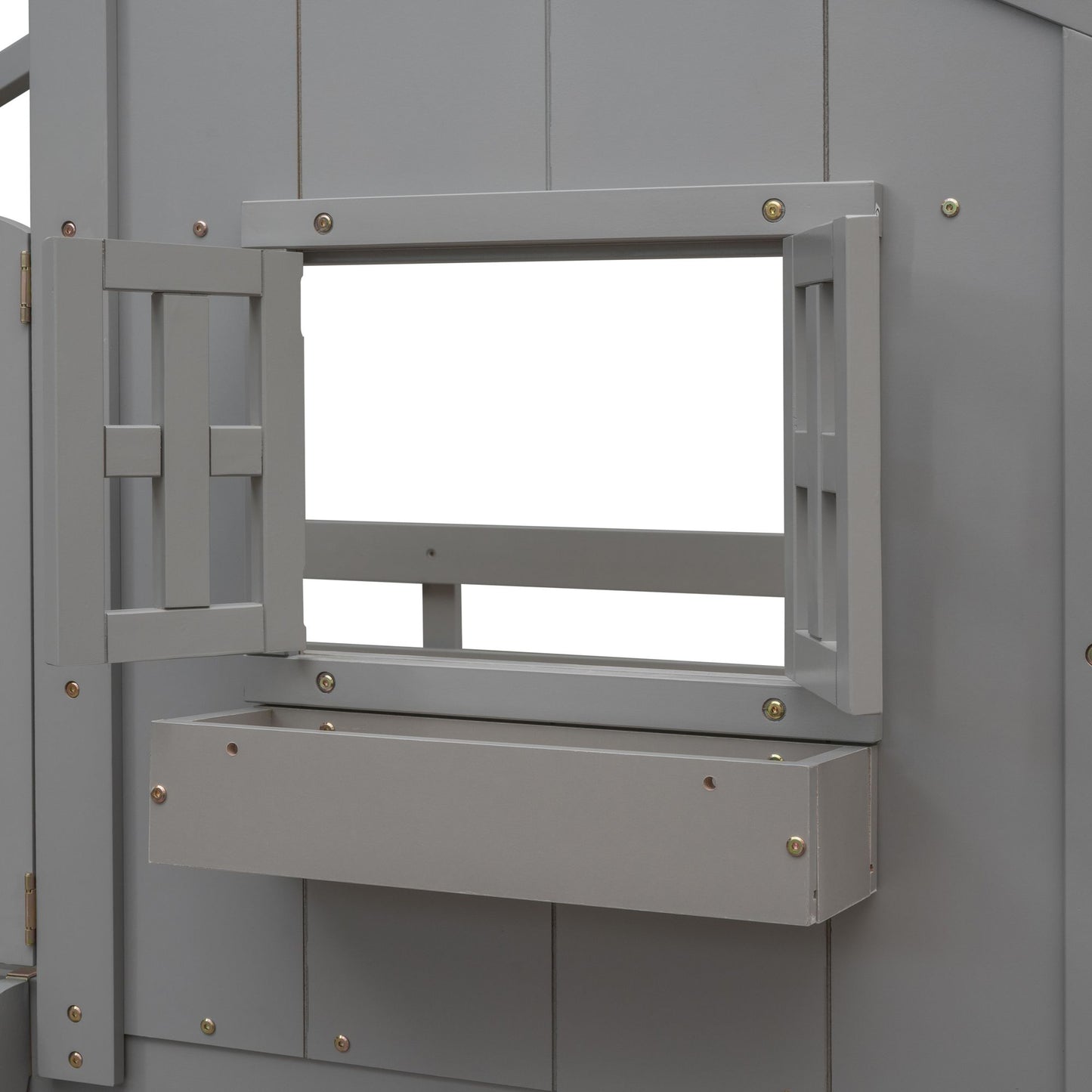 Little Play World twin-over-twin house bunk bed for kids, featuring a playful kids’ house design in natural white.