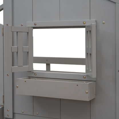 Little Play World twin-over-twin house bunk bed for kids, featuring a playful kids’ house design in natural white.