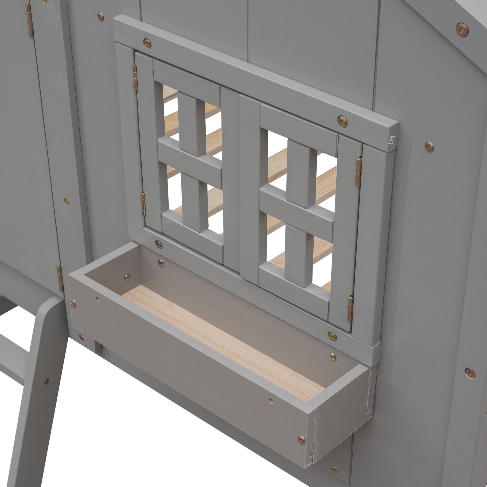 Little Play World twin-over-twin house bunk bed for kids, featuring a playful house design in natural white, ideal for toddlers and children.