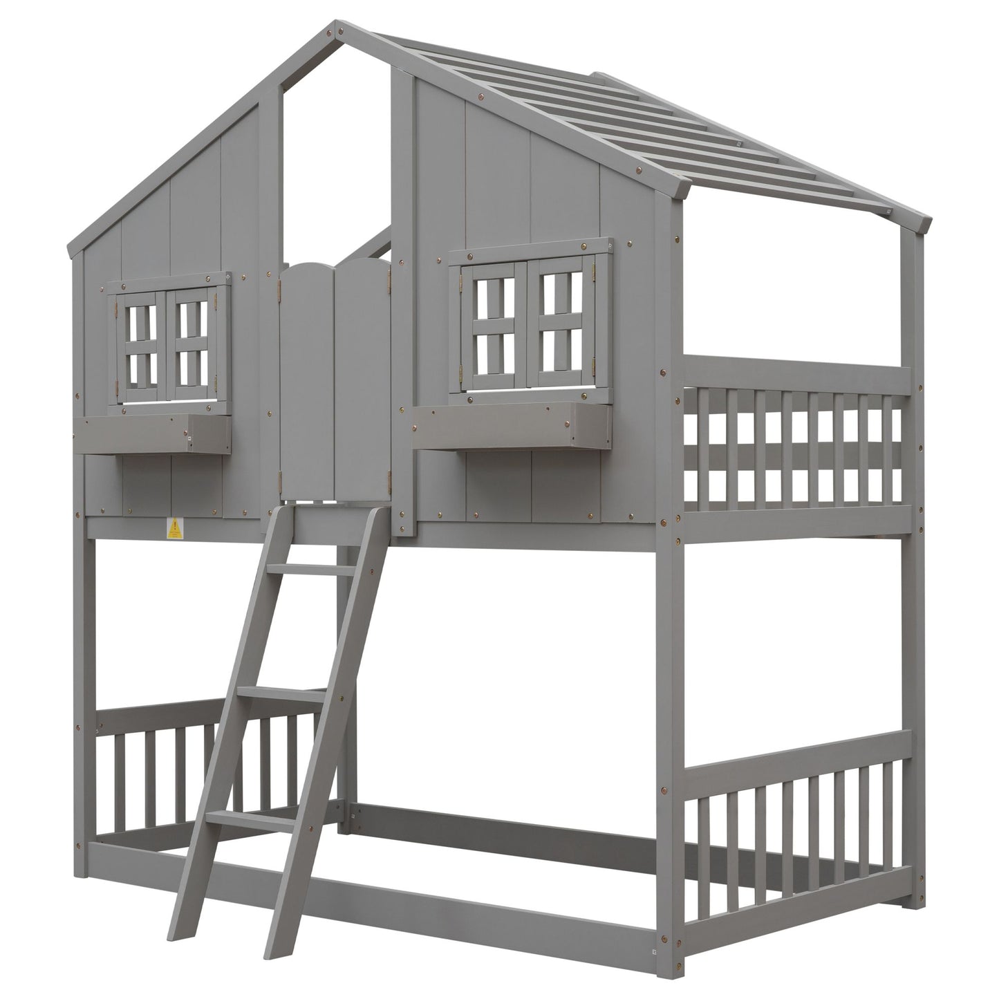 Little Play World twin-over-twin house bunk bed for kids, featuring a playful house design in natural white, perfect for toddlers and children.