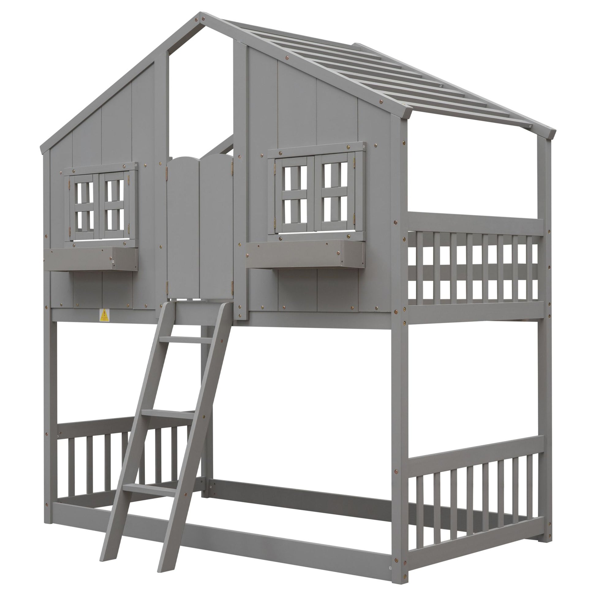 Little Play World twin-over-twin house bunk bed for kids, featuring a playful house design in natural white, perfect for toddlers and children.
