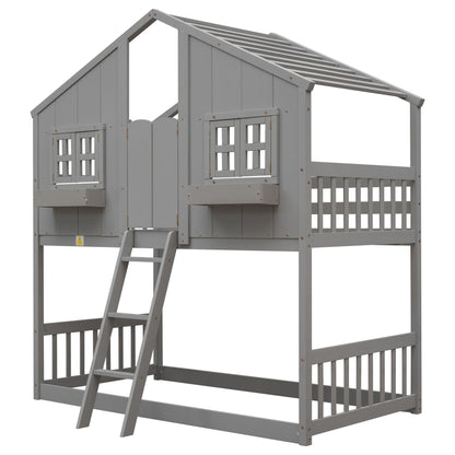 Little Play World twin-over-twin house bunk bed for kids, featuring a playful house design in natural white, perfect for toddlers and children.