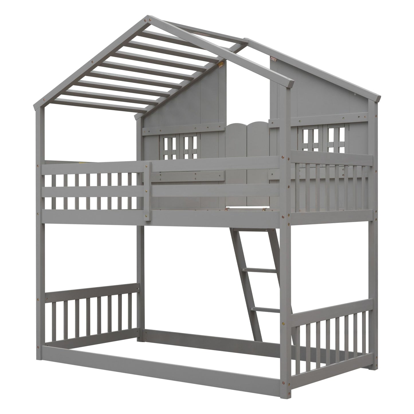 Little Play World twin-over-twin house bunk bed for kids with playhouse design in natural white, perfect for toddlers and children.