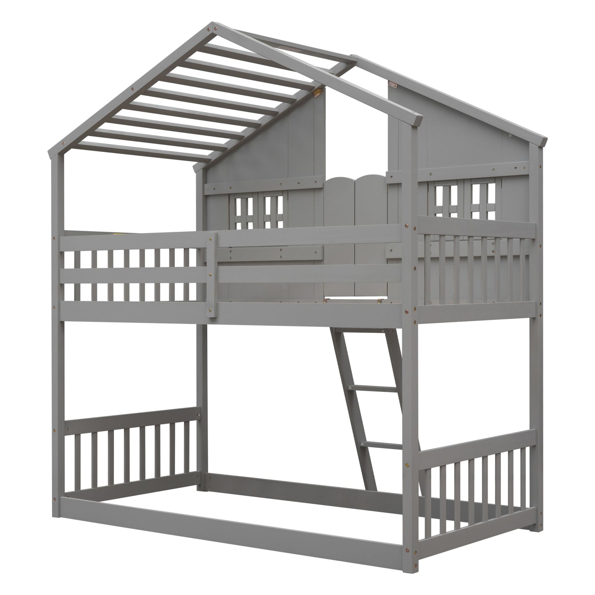 Little Play World twin-over-twin house bunk bed for kids with playhouse design in natural white, perfect for toddlers and children.