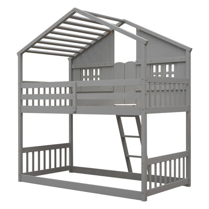 Little Play World twin-over-twin house bunk bed for kids with playhouse design in natural white, perfect for toddlers and children.
