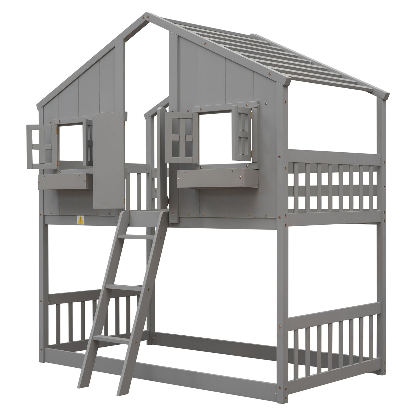 Little Play World twin-over-twin house bunk bed for kids, featuring a playful house design in natural white for toddlers and kids.