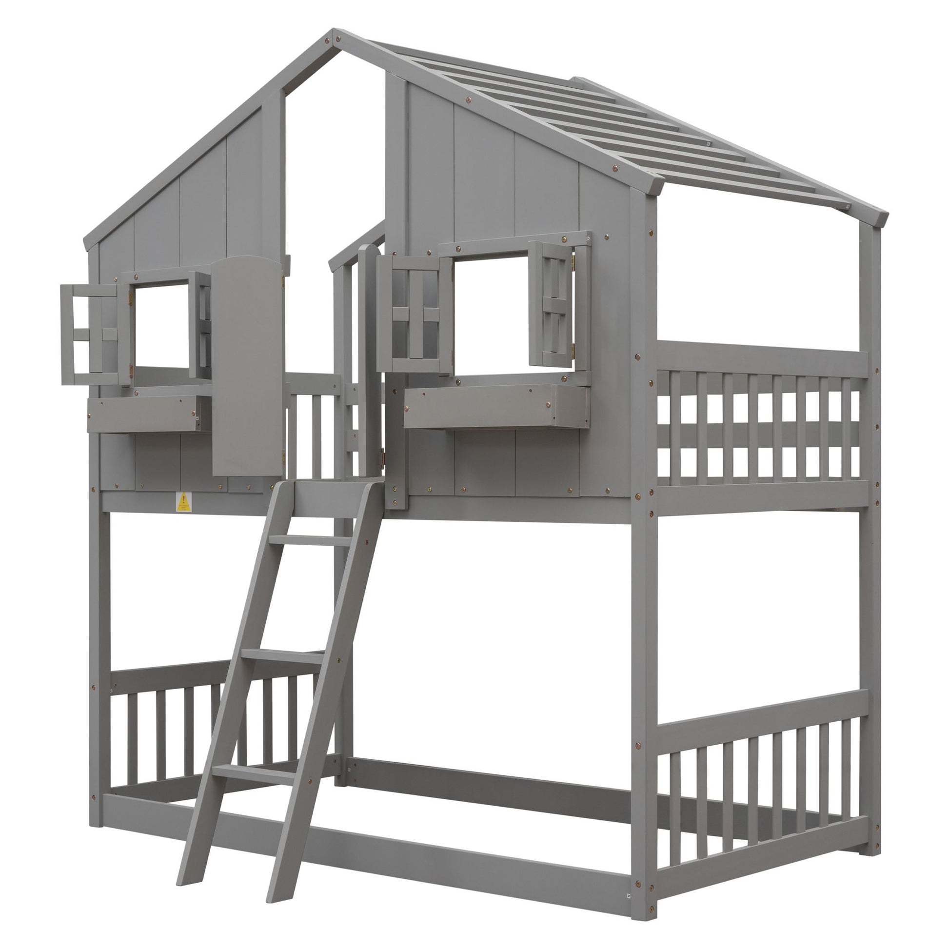 Little Play World twin-over-twin house bunk bed for kids, featuring a playful house design in natural white for toddlers and kids.