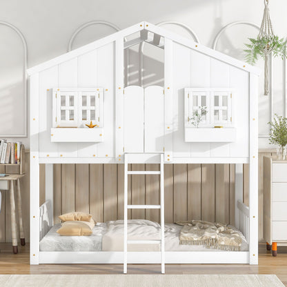 Little Play World HavenHome twin-over-twin house bunk bed for kids, featuring a playful house design in natural white.