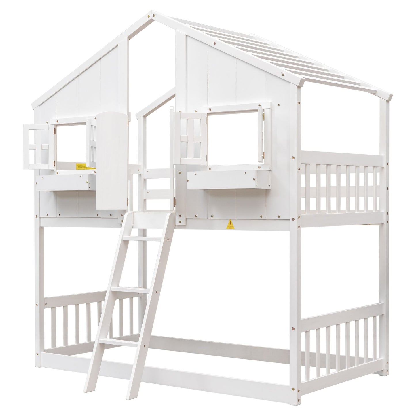 Little Play World twin-over-twin house bunk bed for kids, featuring a playful kids house and princess design in natural white.