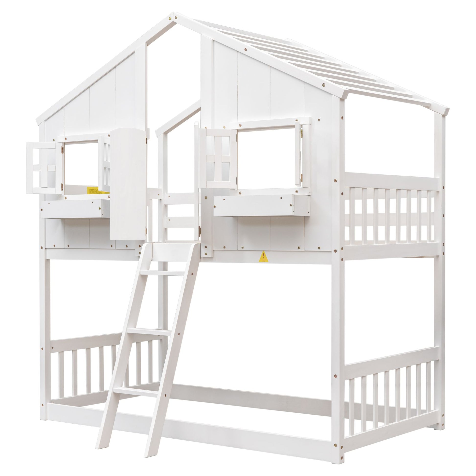 Little Play World twin-over-twin house bunk bed for kids, featuring a playful kids house and princess design in natural white.
