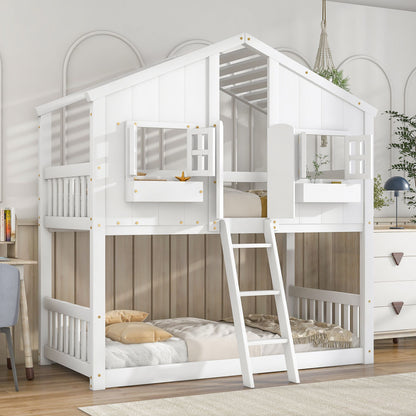 Little Play World twin-over-twin house bunk bed for kids, featuring a playful house and princess design in natural white.