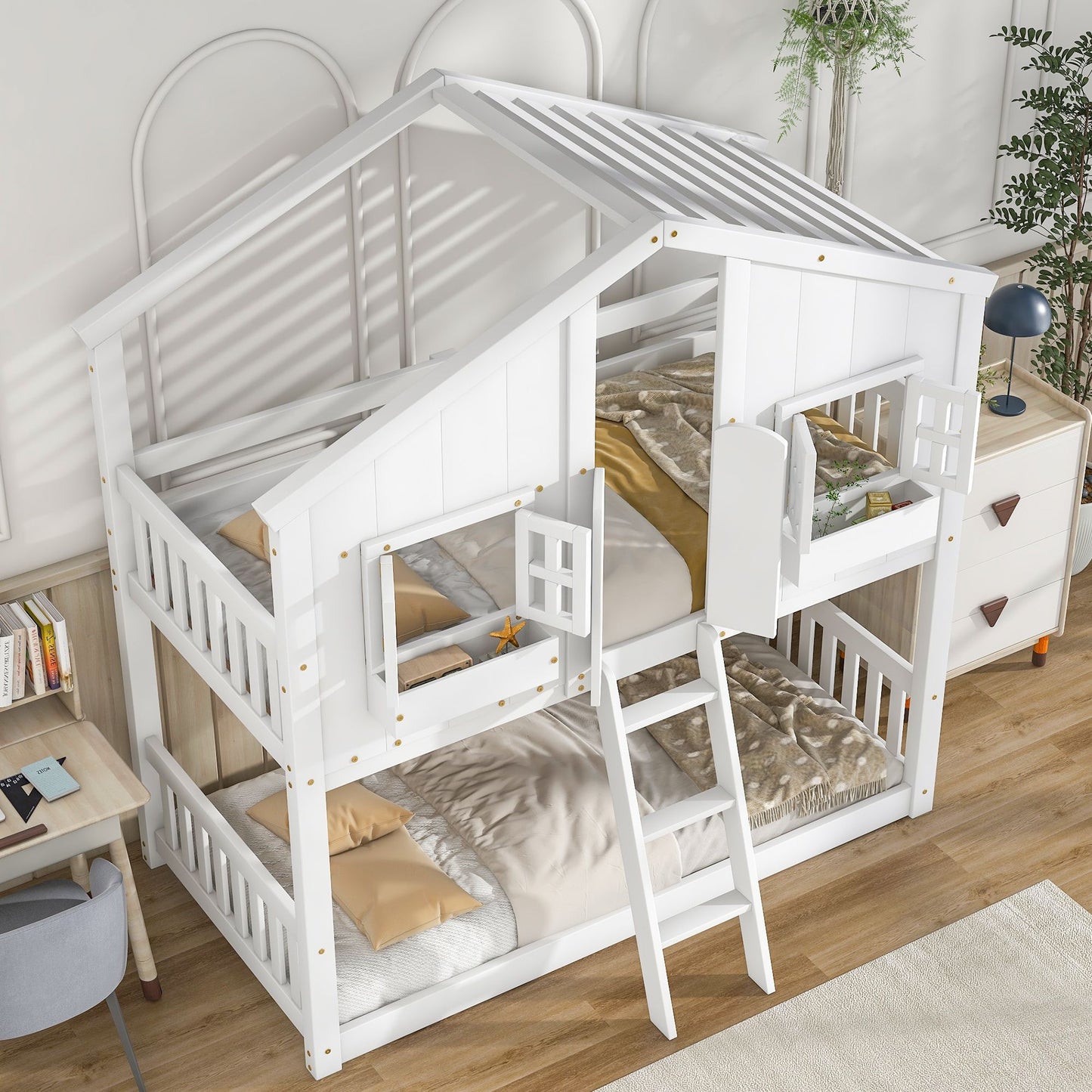 Little Play World twin-over-twin house bunk bed for kids with a playful house design, perfect for toddlers and children.