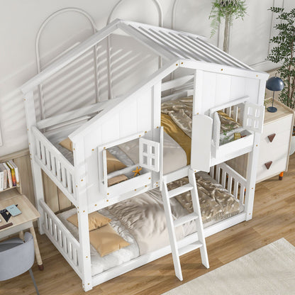 Little Play World twin-over-twin house bunk bed for kids with a playful house design, perfect for toddlers and children.