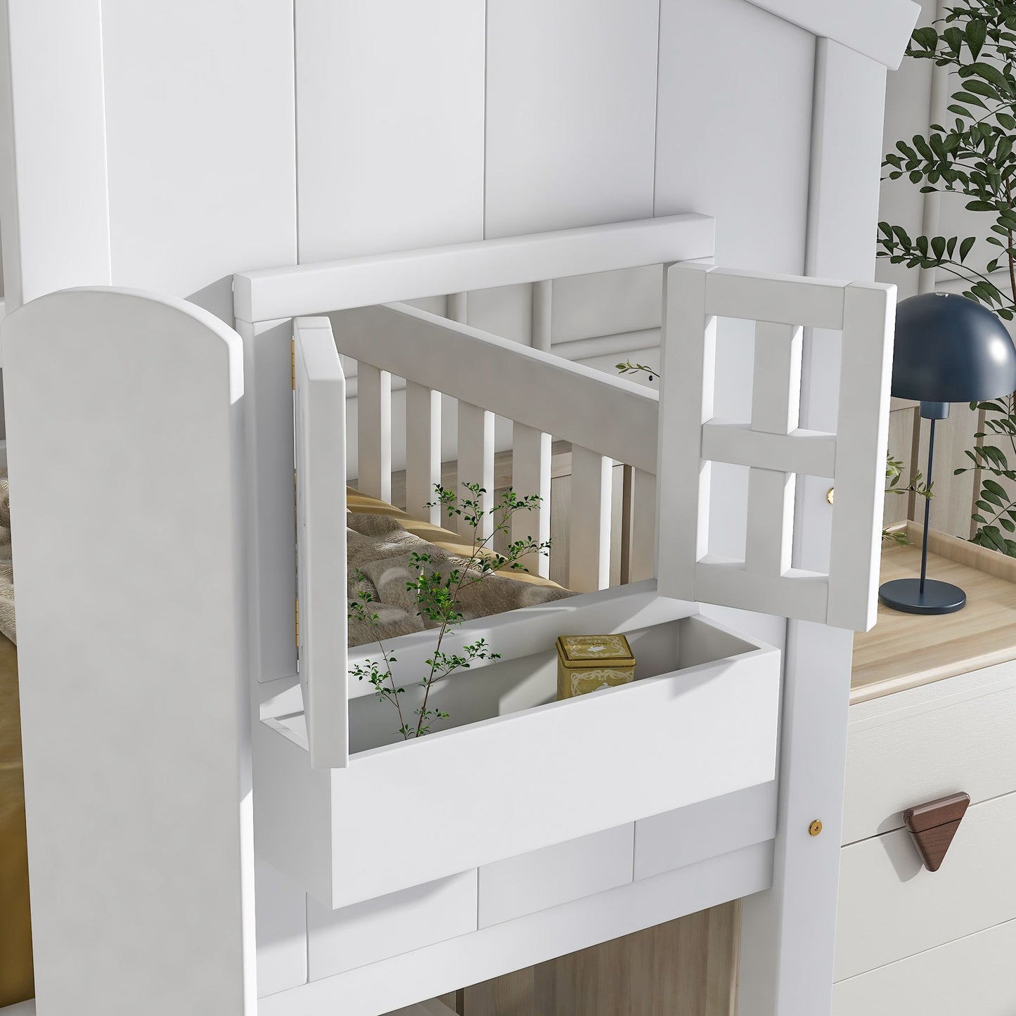 Little Play World twin-over-twin house bunk bed for kids, featuring a playful house design in natural white, perfect for toddlers and children.