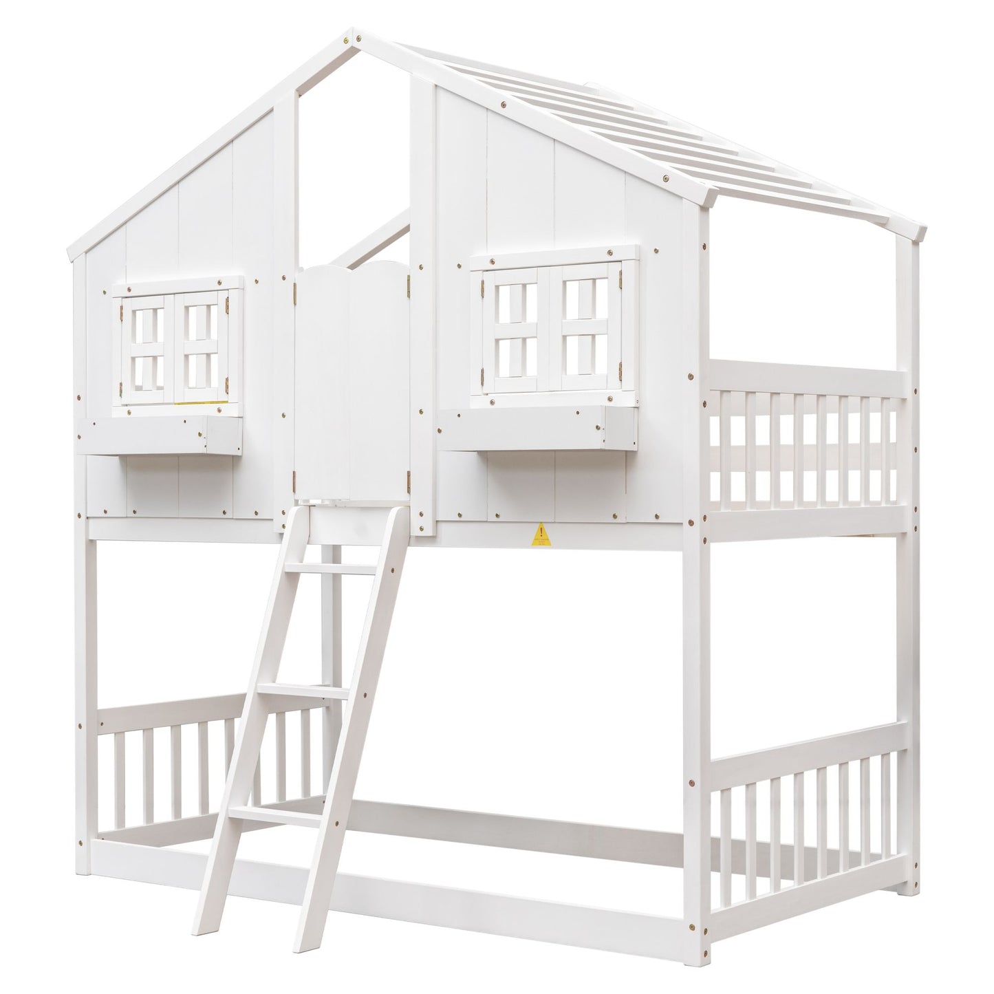 Little Play World twin-over-twin house bunk bed for kids, featuring a playful house design in natural white for toddlers and children.