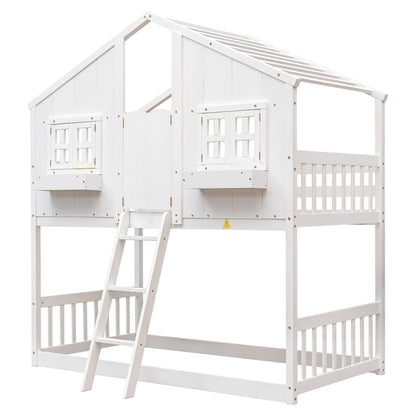 Little Play World twin-over-twin house bunk bed for kids, featuring a playful house design in natural white for toddlers and children.