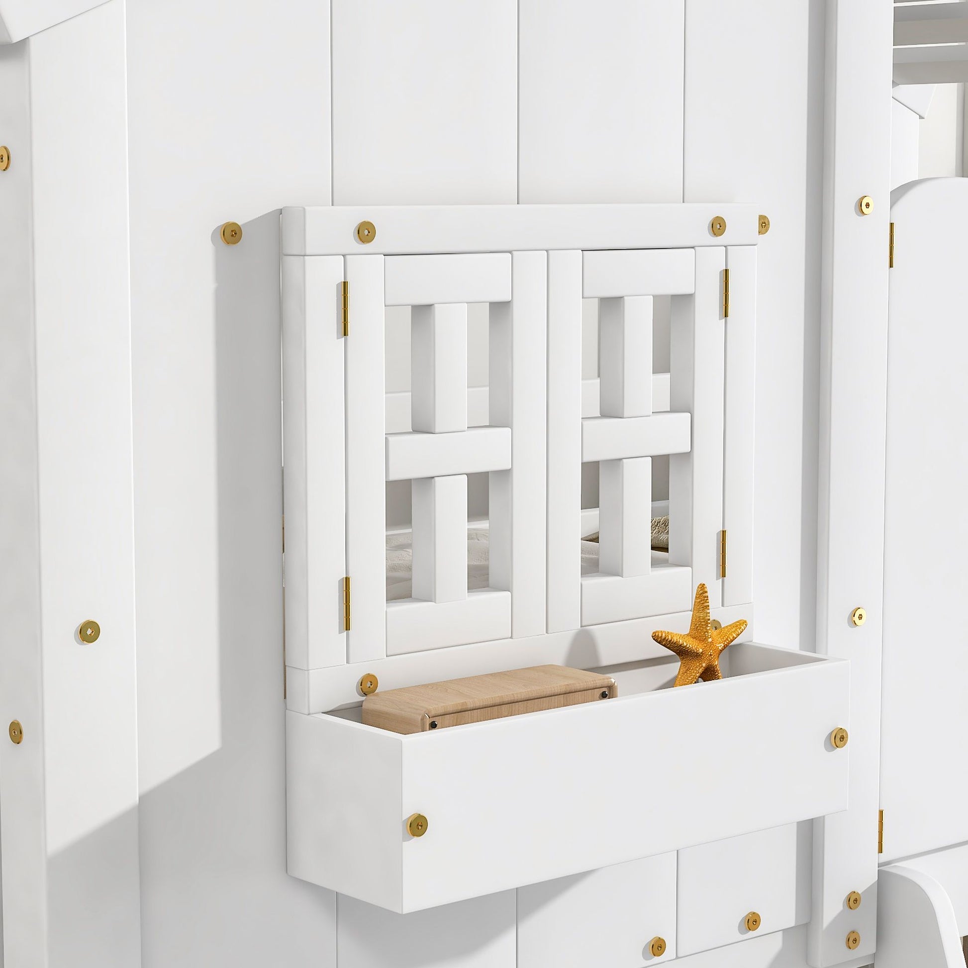Little Play World HavenHome twin-over-twin house bunk bed for kids with playful house and car design in natural white.