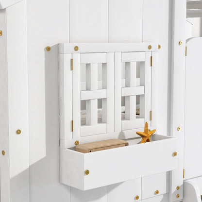 Little Play World HavenHome twin-over-twin house bunk bed for kids with playful house and car design in natural white.