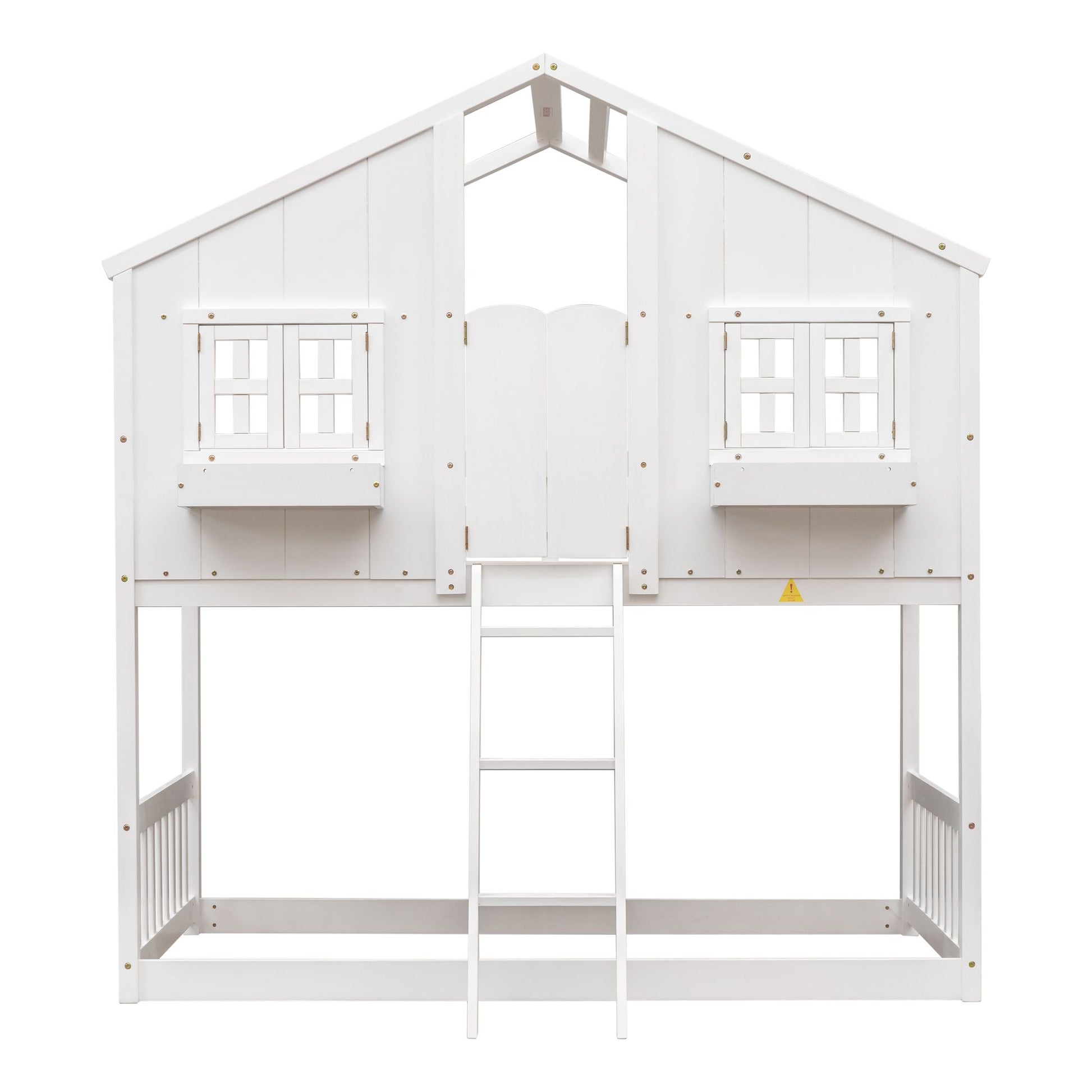 Little Play World twin-over-twin house bunk bed for kids, featuring a playful house design in natural white, perfect for toddlers and children.