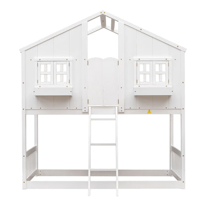 Little Play World twin-over-twin house bunk bed for kids, featuring a playful house design in natural white, perfect for toddlers and children.