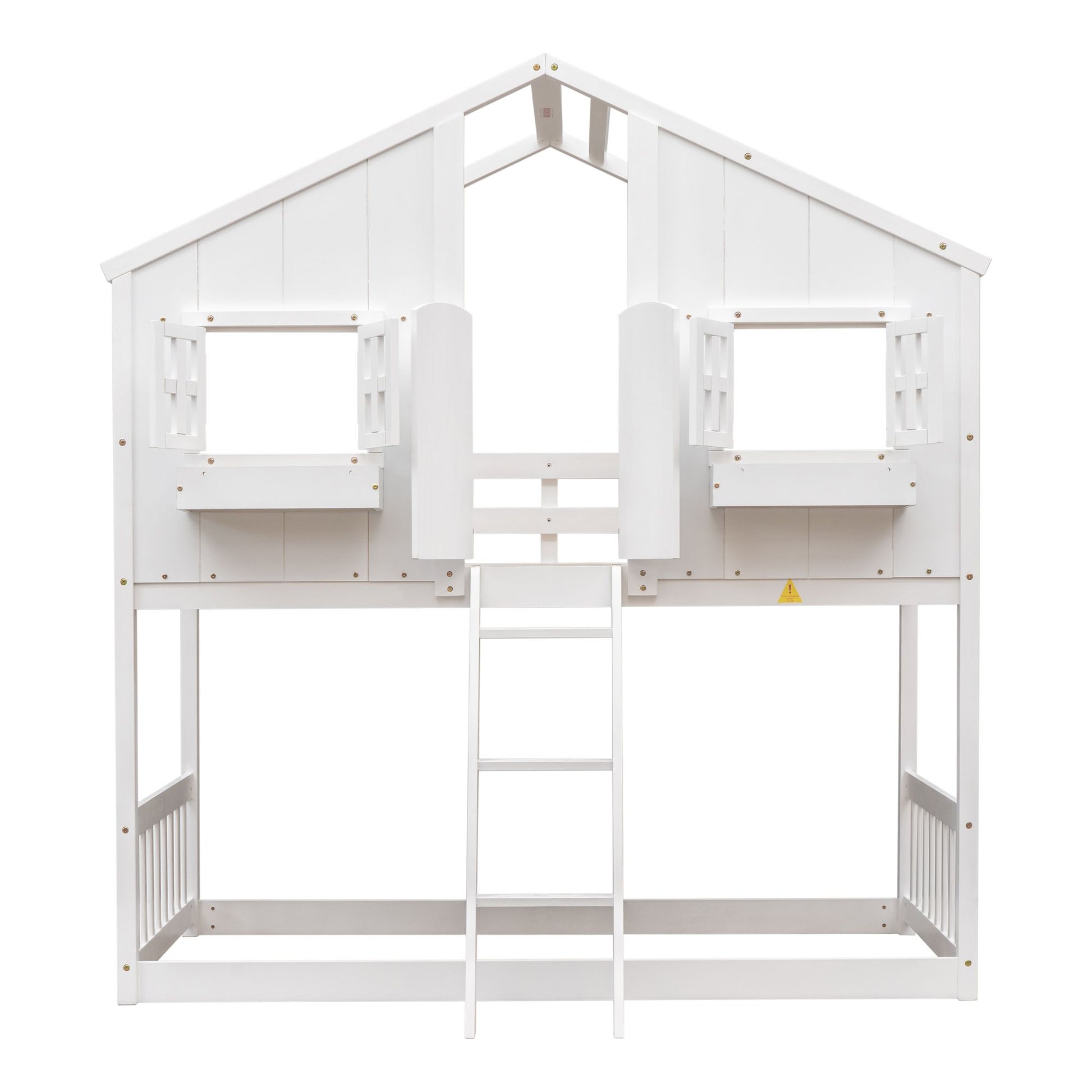 Little Play World HavenHome Twin-over-Twin house bunk bed for kids with playful house and princess design in natural white.