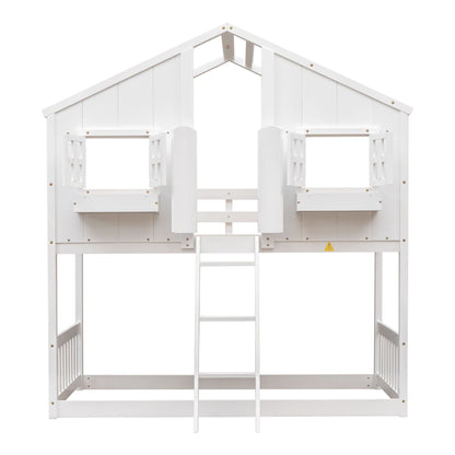 Little Play World HavenHome Twin-over-Twin house bunk bed for kids with playful house and princess design in natural white.