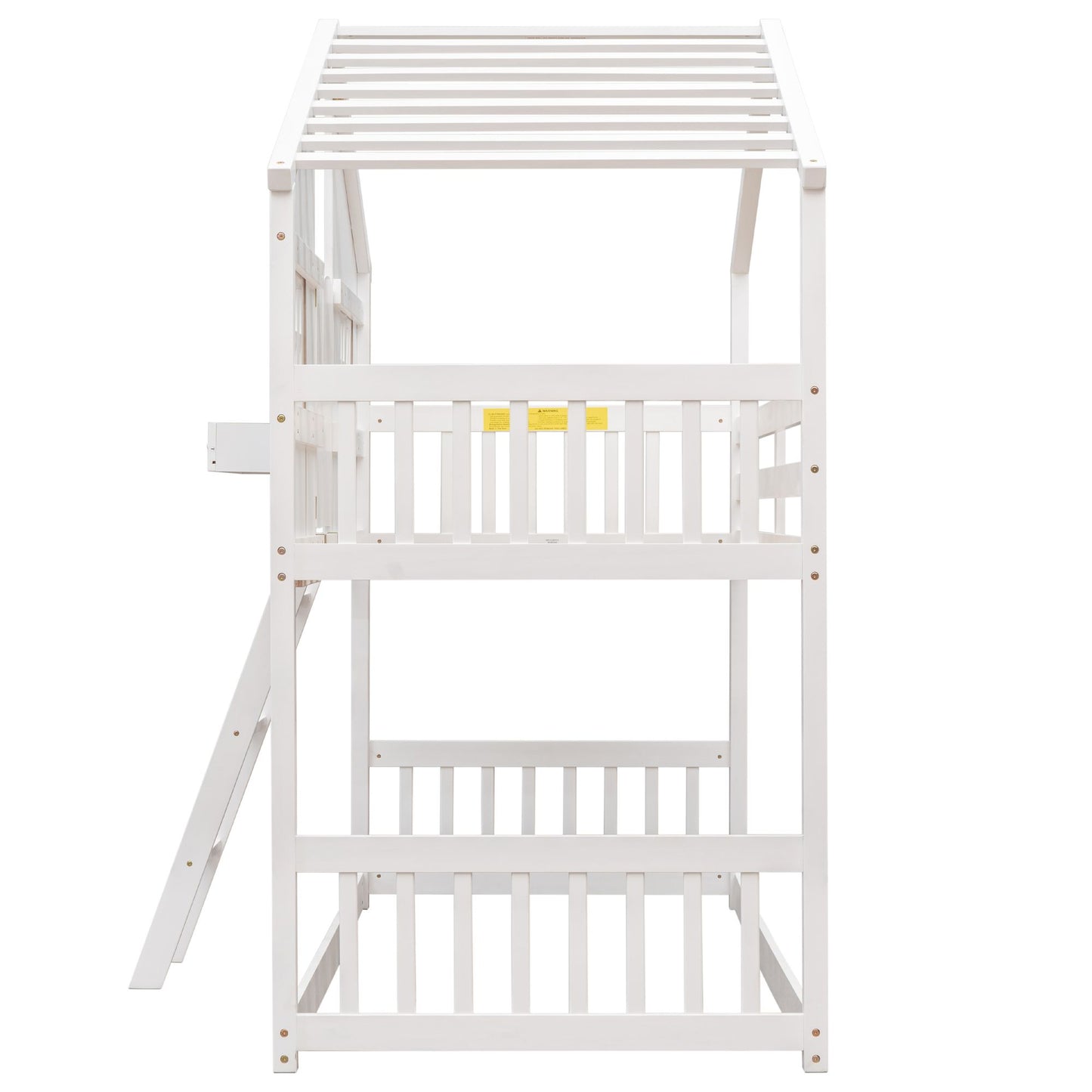Little Play World twin-over-twin house bunk bed with kids' house, princess, car, and toddler bed themes in natural white.