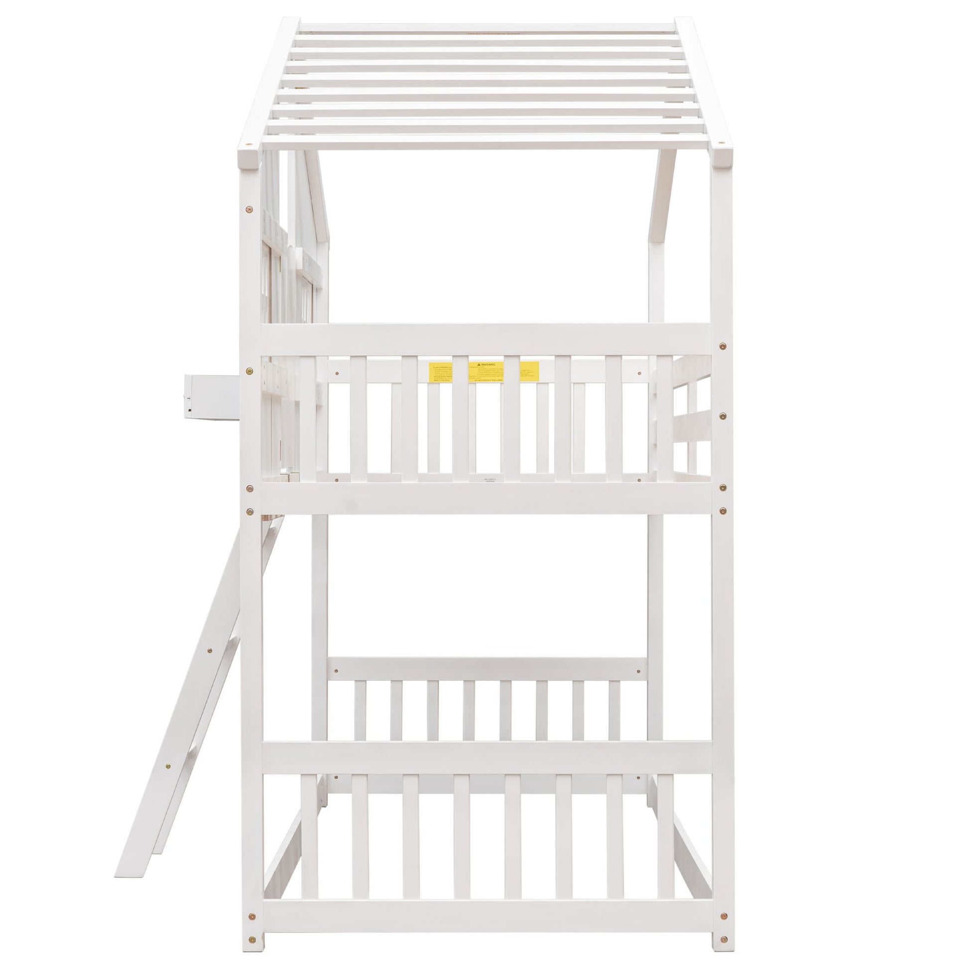 Little Play World twin-over-twin house bunk bed with kids' house, princess, car, and toddler bed themes in natural white.