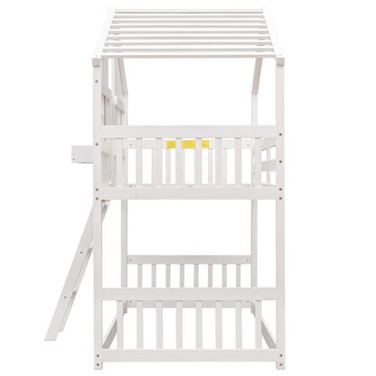 Little Play World twin-over-twin house bunk bed with kids' house, princess, car, and toddler bed themes in natural white.