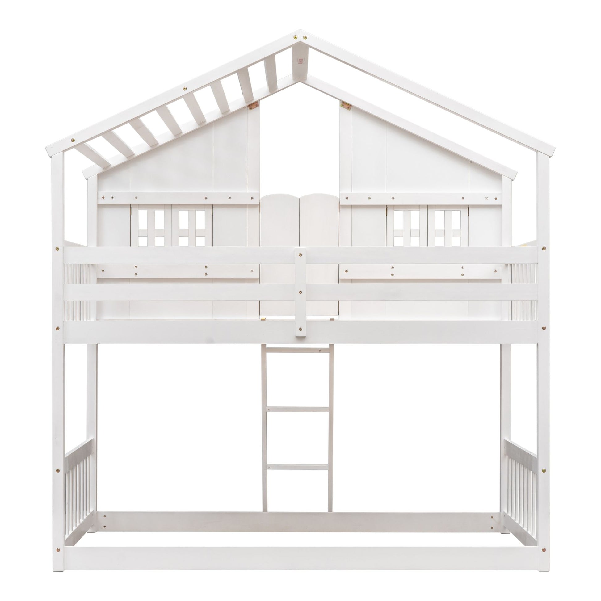 Little Play World twin-over-twin house bunk bed for kids in natural white, featuring a playful house and princess design.