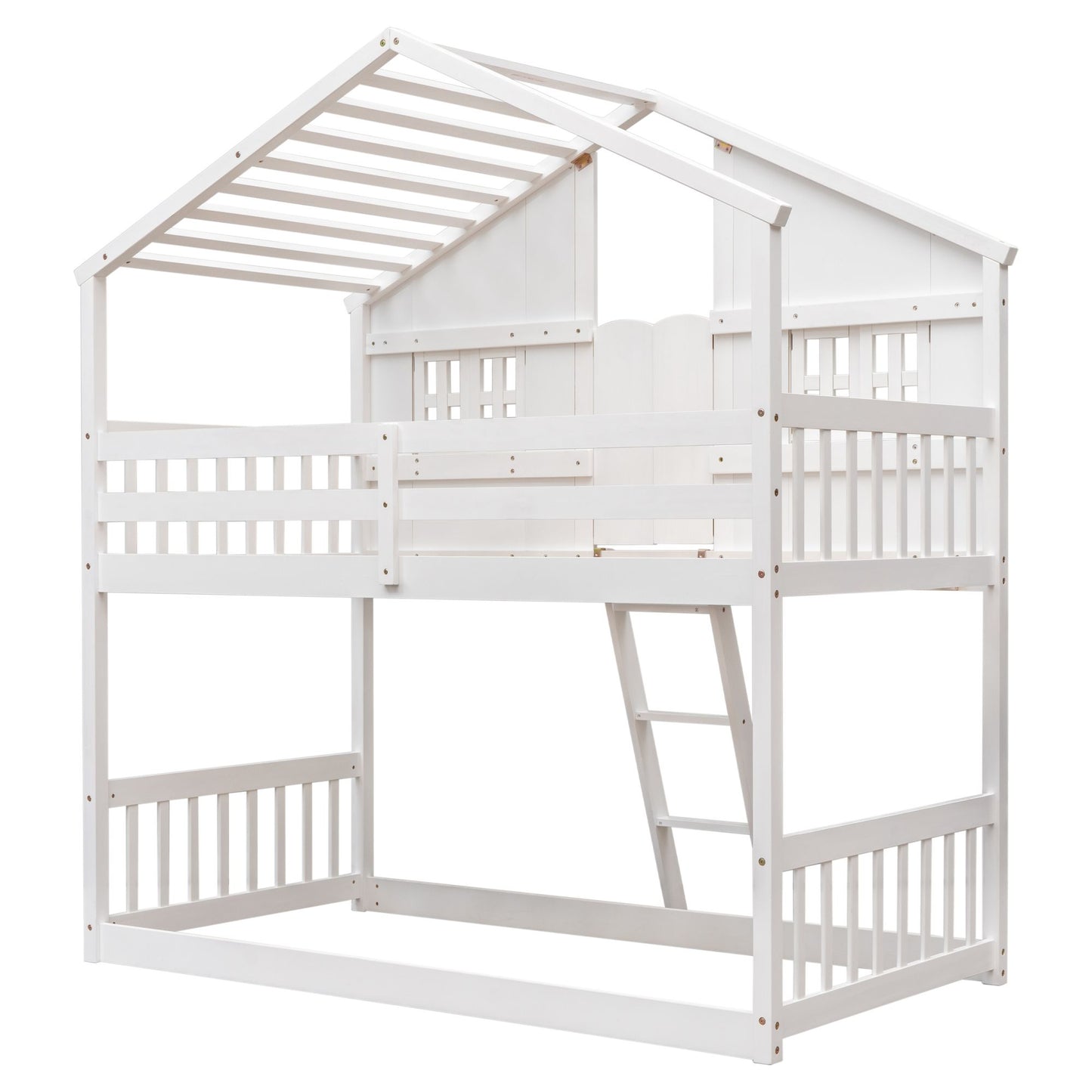 Little Play World HavenHome Twin-over-Twin house bunk bed for kids, featuring a fun house design in natural white.