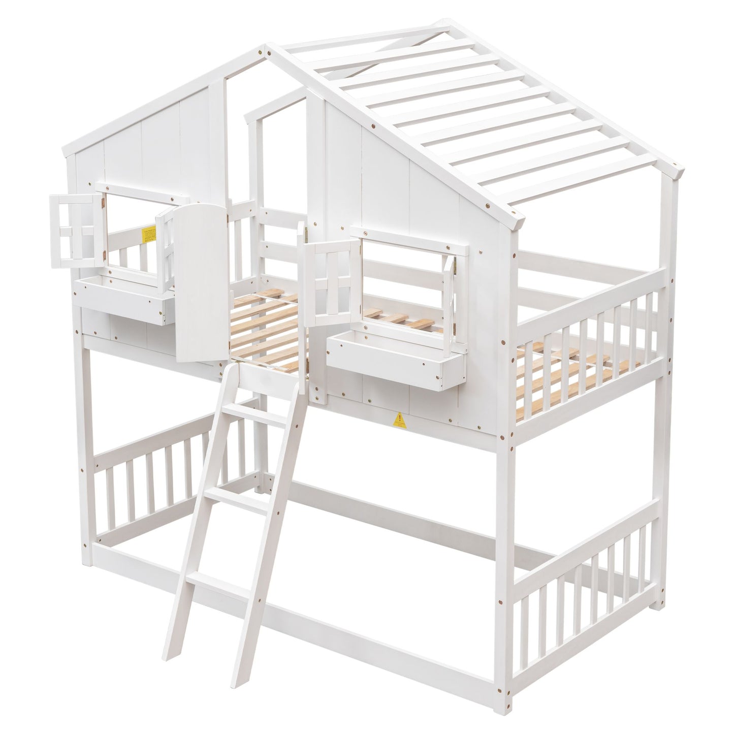 Little Play World twin-over-twin house bunk bed for kids, featuring a playful house design in natural white, ideal for toddlers and children.