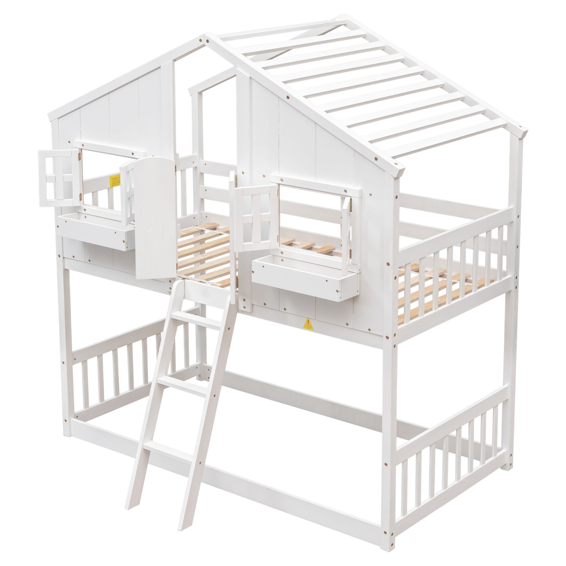 Little Play World twin-over-twin house bunk bed for kids, featuring a playful house design in natural white, ideal for toddlers and children.