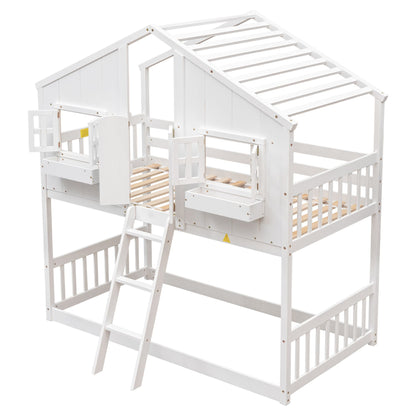 Little Play World twin-over-twin house bunk bed for kids, featuring a playful house design in natural white, ideal for toddlers and children.