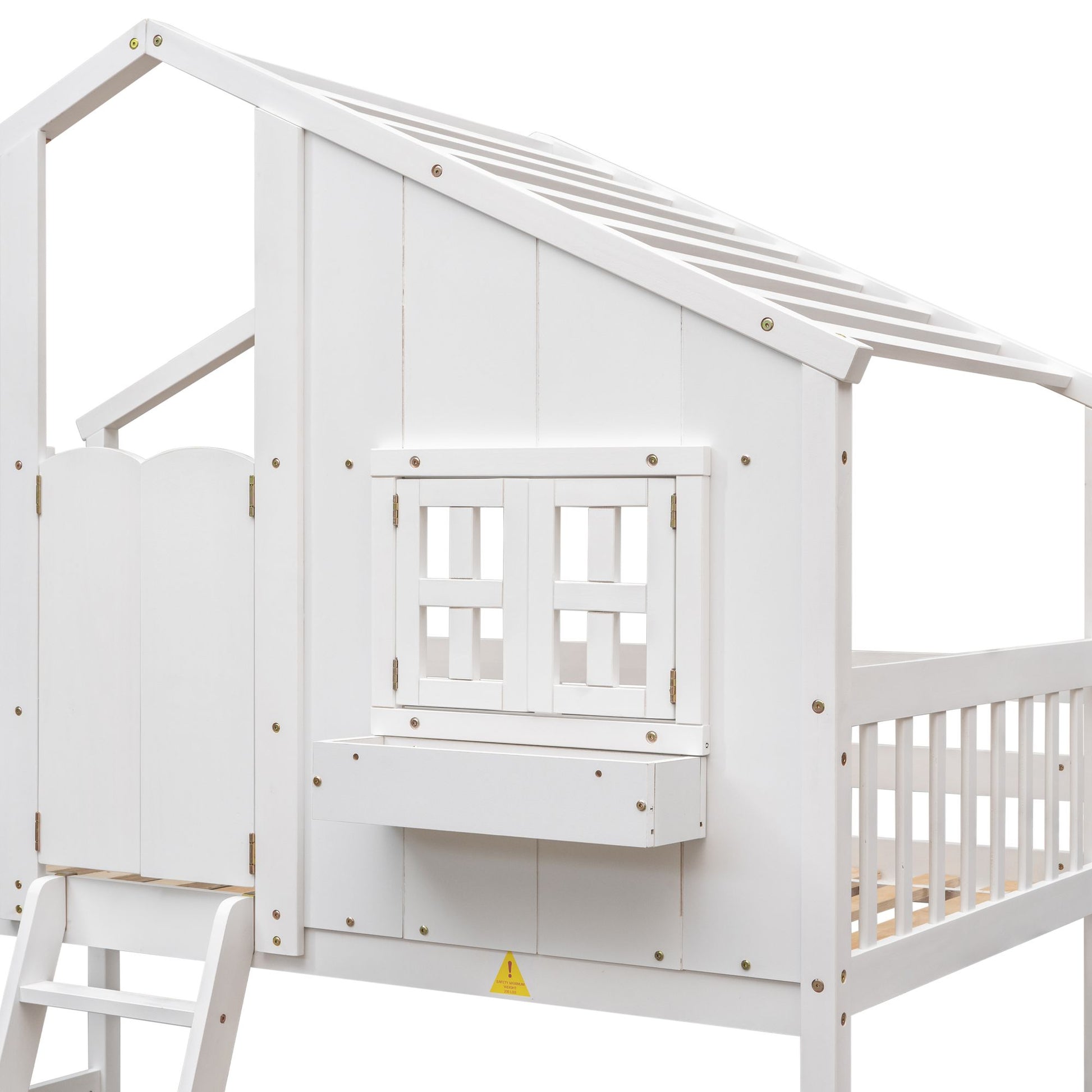 Little Play World twin-over-twin house bunk bed for kids, featuring a playful house design in natural white, perfect for toddlers and children.