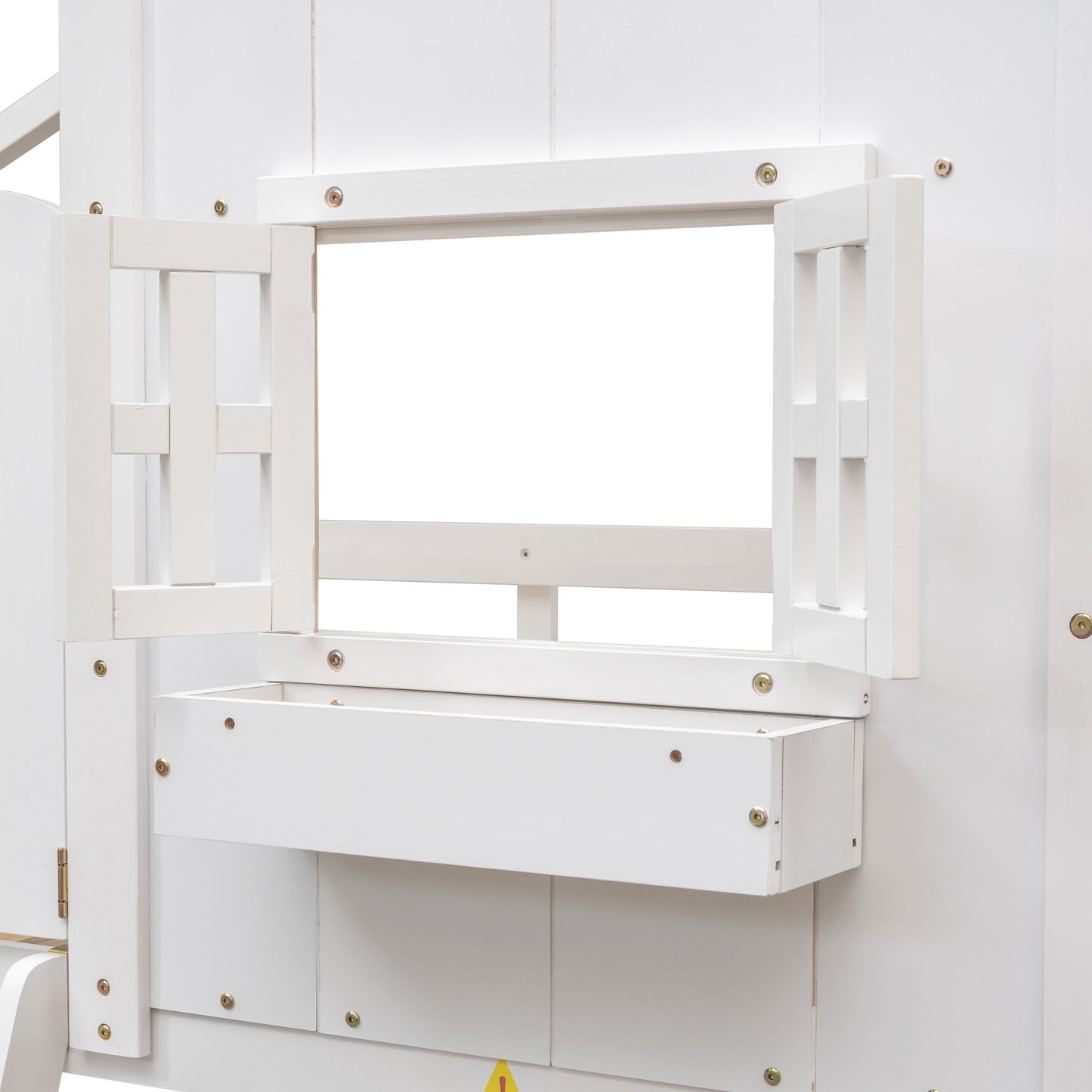 Little Play World twin-over-twin house bunk bed with kids' playhouse design, perfect for toddlers and young children in natural white.
