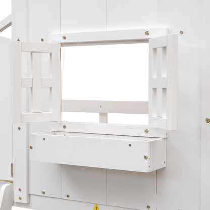 Little Play World twin-over-twin house bunk bed with kids' playhouse design, perfect for toddlers and young children in natural white.