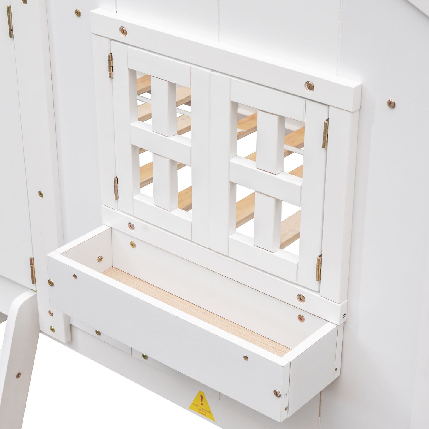 Little Play World twin-over-twin house bunk bed for kids, featuring a playful house design in natural white, perfect for toddlers and preschoolers.