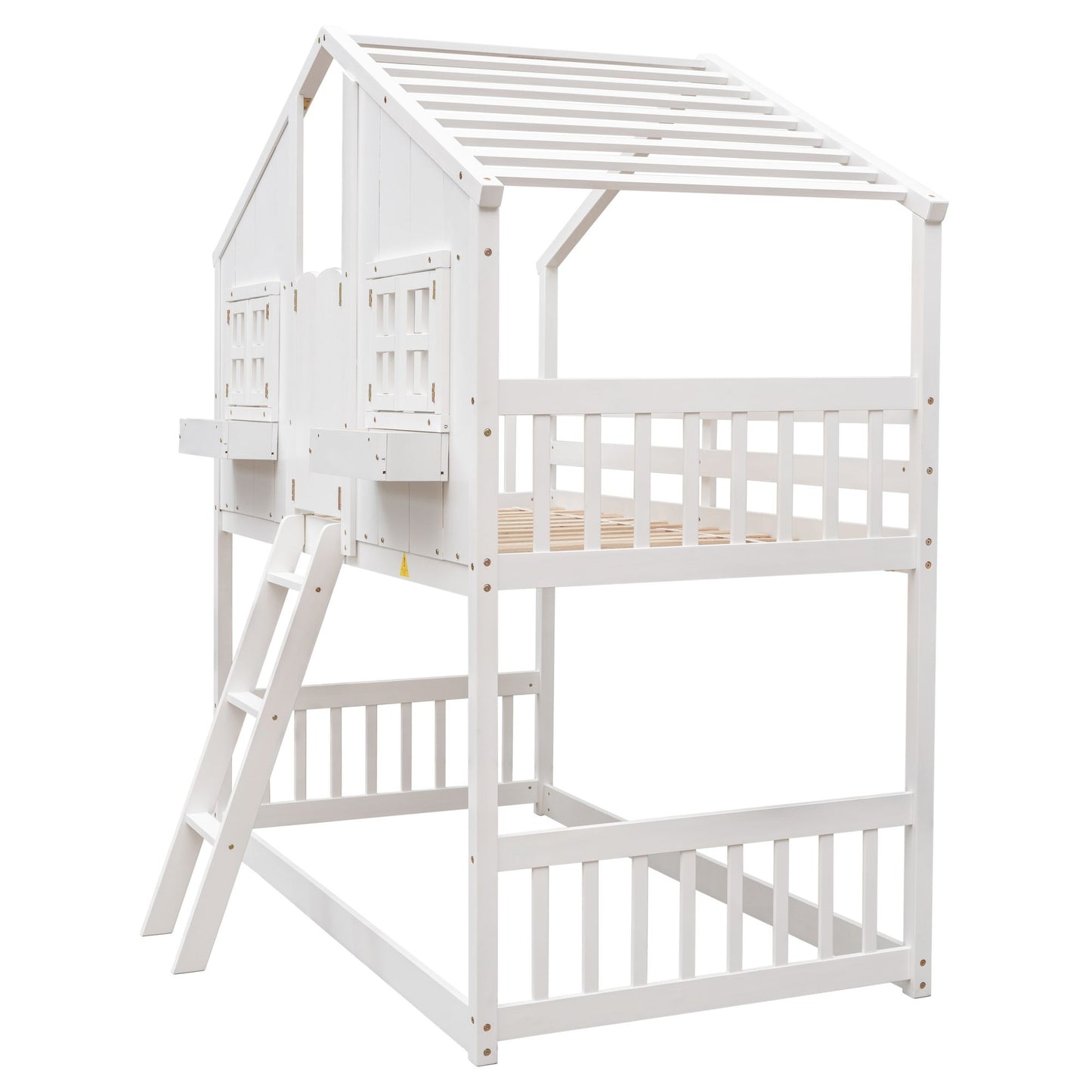 Little Play World twin-over-twin house bunk bed for kids, featuring a playful house design in natural white.