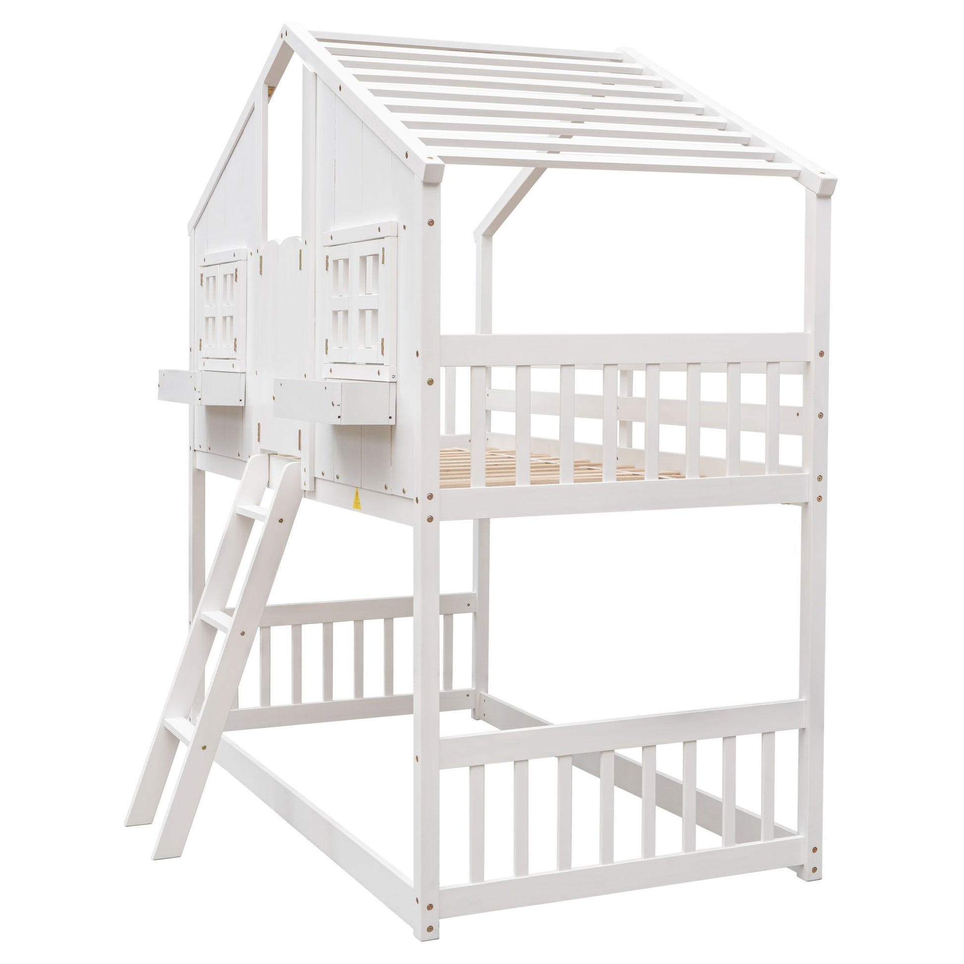 Little Play World twin-over-twin house bunk bed for kids, featuring a playful house design in natural white.