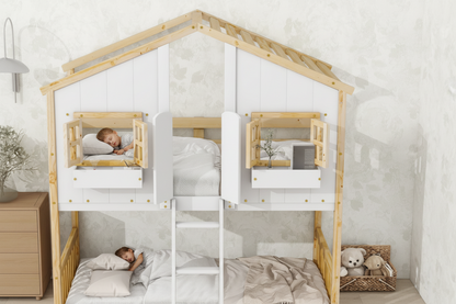 Little Play World twin-over-twin house bunk bed for kids, featuring a playful kids' house and princess theme in natural white.
