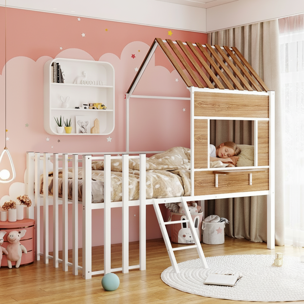 Children's room with a wooden and white playhouse bed against a pink wall.