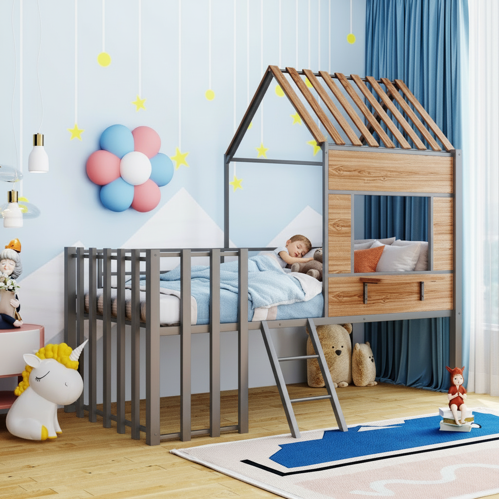 PlayHouse Loft™ Twin Size Bed – Roof & Window Design with Safety Guardrails & Ladder - Little Play World Store