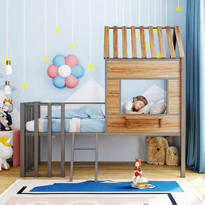 PlayHouse Loft™ Twin Size Bed – Roof & Window Design with Safety Guardrails & Ladder - Little Play World Store