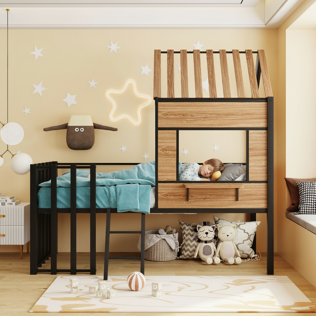 Children's room with a wooden playhouse bed, toys, and decorative elements.