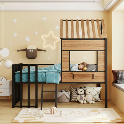 Children's room with a wooden playhouse bed, toys, and decorative elements.