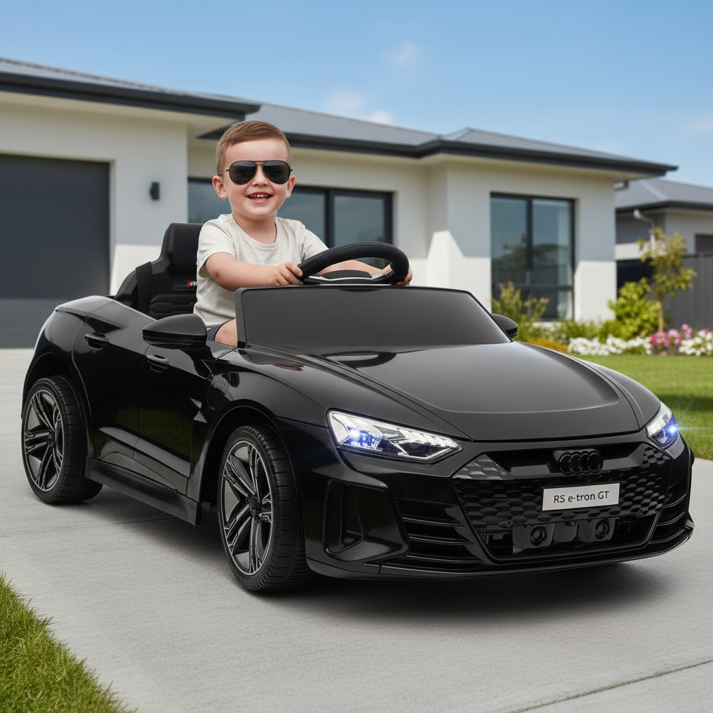 Child driving a black toy car in front of a house