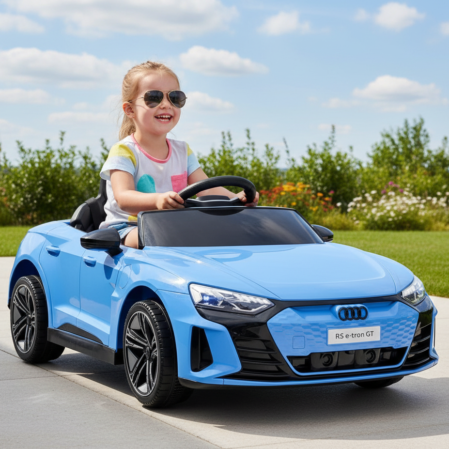 Child driving a blue toy Audi car on a sunny day