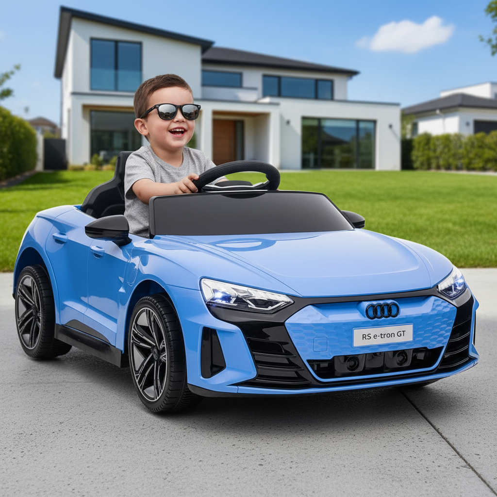 Child driving a blue toy Audi car on a driveway with a house in the background